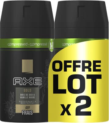 AXE Gold Compressé Déodorant Homme Spray Bois de Oud et Vanille Noir Frais 48H Lot 2x100ml