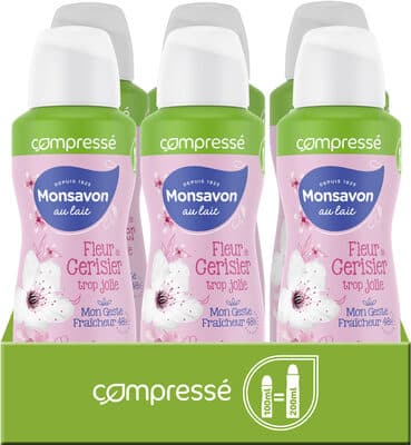 Monsavon Déodorant Femme Spray Anti Transpirant Lait & Fleur Cerisier Lot 6X100ML(dont 2 Offerts)