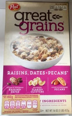 great grains raisins, dates & pecans cereal