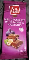 Alpenmelkchocolade met stukjes hazelnoten en rozijnen