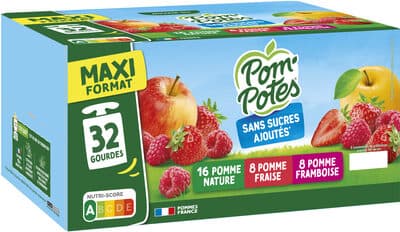POM'POTES Compotes Pomme, Pomme Fraise, Pomme Framboise 32x90g