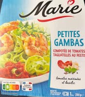 Petites gambas compotée de tomates Tagliatelles au pesto
