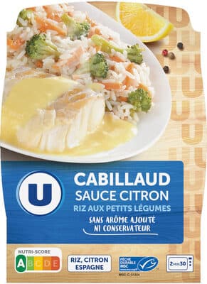 Plat cuisiné individuel Cabillaud sauce citron riz cuisiné aux petits légumes