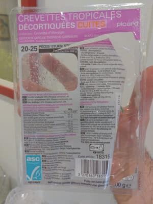 Crevettes tropicales décortiquées cuites surgelées