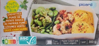 Crevettes purée de patate douce au paprika fumé légumes verts sauce chimichuri