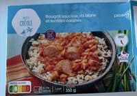 Rougail saucisse, riz blanc et lentilles cuisinés