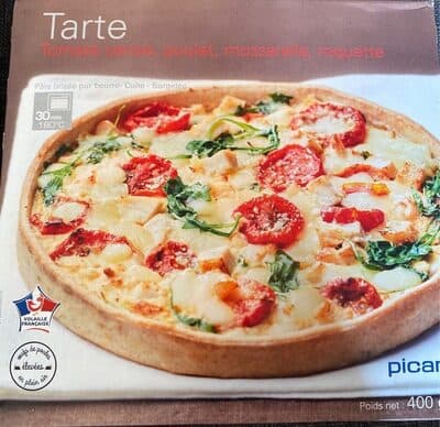 Tarte tomate cerise, poulet, cerise, mozzarella, roquette