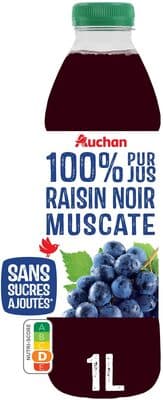 100% pur jus RAISIN NOIR MUSCATÉ Sans sucres ajoutés** Comme tous les jus de fruits. Contient les sucres naturellement présents dans les fruits.