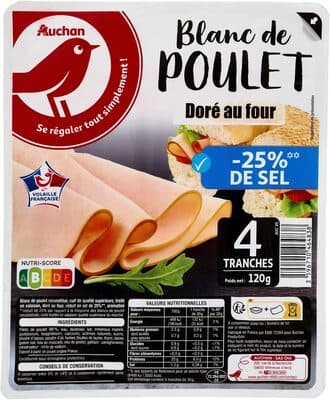 Blanc de poulet réduit en sel de 25%**** réduit de 25% par rapport à la moyenne des blancs de poulet cuits traités en salaison qualité supérieur du marché