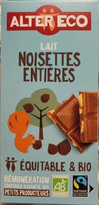 Tablette de chocolat au lait et noisettes entières bio