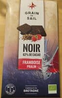 Tablette de chocolat 62% de cacao, framboise et pralin