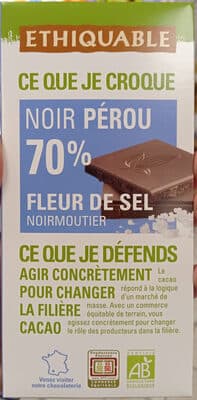 chocolat bio noir Pérou 70% fleur de sel de Camargue