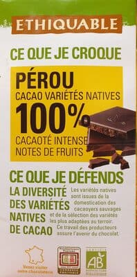 Tablette de chocolat 100% cacao variétés native Pérou