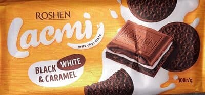 Шоколад молочний "Lacmi Black White & Caramel", з молочною начинкою, карамеллю та печивом з какао