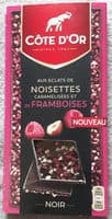 Chocolat noir aux éclats de noisettes caramélisées et de framboises