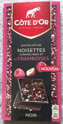 Chocolat noir aux éclats de noisettes caramélisées et de framboises