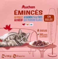 Emincés en gelée au poulet, au saumon et à la truite, au bœuf, aux poissons blancs