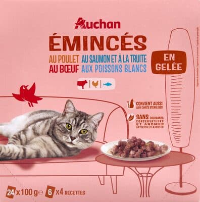 Emincés en gelée au poulet, au saumon et à la truite, au bœuf, aux poissons blancs