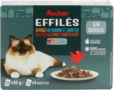 Efillés en sauce au poulet, au saumon et carottes, au foie à la dinde et haricots verts