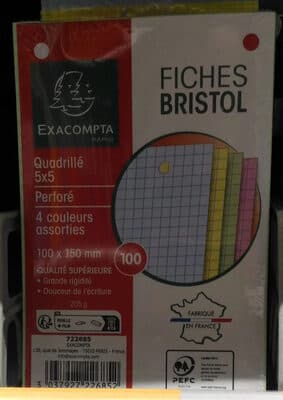 100 fiches bristol 100 x 150 mm 4 couleurs assorties quadrillées 5x5 perforées