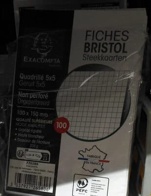 100 fiches bristol 100 x 150 mm blanches quadrillées 5x5 non perforées