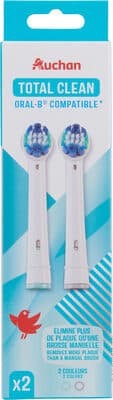 Auchan total clean brossette de rechange pour brosse à dents électrique x2