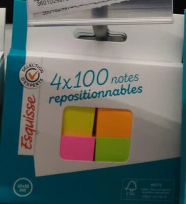 4x100 notes repositionnables 4 couleurs 40 x 50 mm
