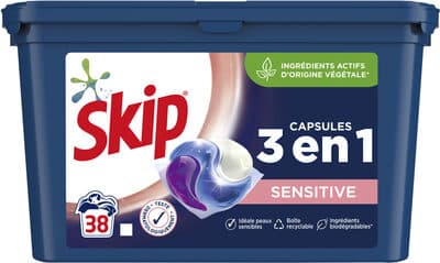 Skip Ultimate Lessive Trio Capsules Sensitive Peaux Sensibles et Bébés 38 Dosettes