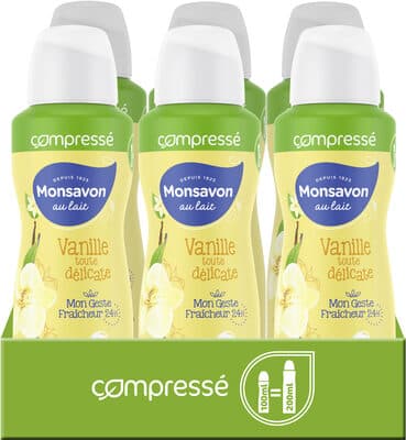 Monsavon Déodorant Femme Spray Anti Transpirant Lait & Fleur de Vanille Lot 6x100ML(dont 2 Offerts)