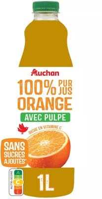 100% Pur jus orange avec pulpeRiche en vitamine CSans sucres ajoutés** Comme tous les jus de fruits. Contient les sucres naturellement présents dans les fruits.