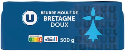 Beurre moulé de Bretagne doux 82%MG, plaquette de 500g