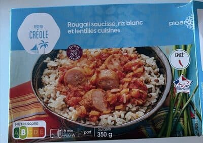 Rougail saucisse, riz blanc et lentilles cuisinés