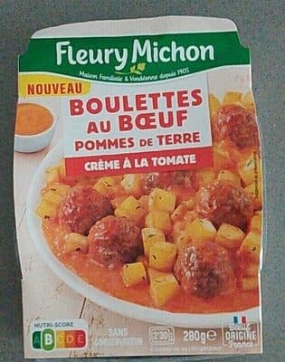 Boulettes au boeuf, pommes de terre, crème à la tomate