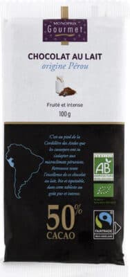 Chocolat au lait origine Pérou 50% cacao
