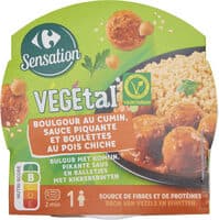 Boulgour au cumin, sauce piquante et boulettes au pois chiche