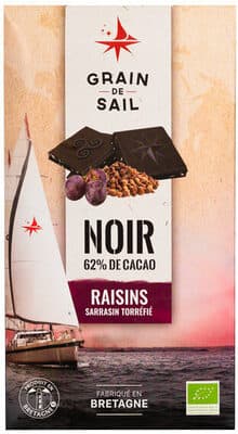 Tablette de chocolat Noir 62% de cacao avec inclusions raisins et sarrasin torréfié