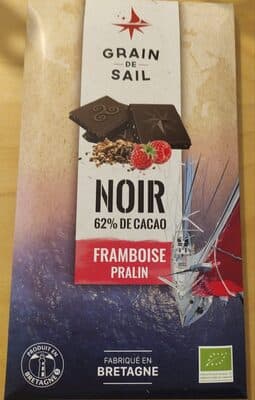 Tablette de chocolat 62% de cacao, framboise et pralin