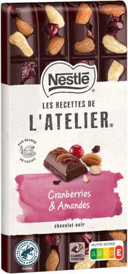NESTLE L'ATELIER Tablette Chocolat noir cranberries amandes - 170g