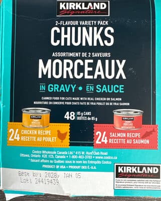 Canned food for cats made with real chicken or salmon two flavor variety chunks in gravy