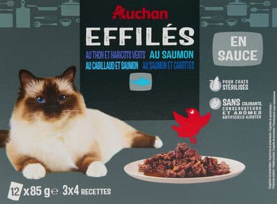 Effilés en sauce au thon et haricots verts, au saumon , au cabillaud et saumon, au saumon et carottes