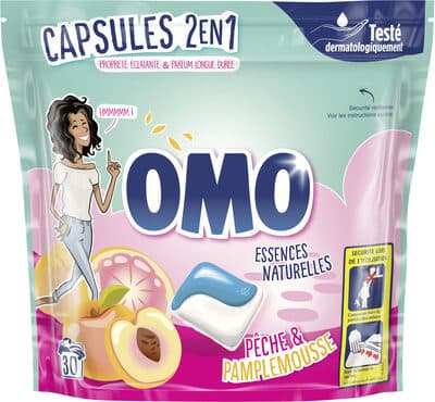 Omo Lessive Capsules 2en1 Pêche & Pamplemousse 30 Dosettes